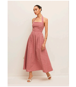 Robe longue asymétrique élégante rouge à carreaux vichy pour femme, en tissu poly-coton doux, léger et respirant - Product Image 2