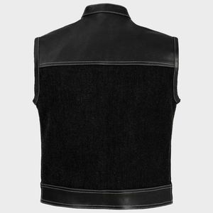 Chaleco de motociclista de cuero y mezclilla con cremallera y costuras blancas - Product Image 2