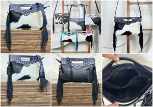 Sac à main en cuir de vachette personnalisé avec franges, motif à carreaux, poignée supérieure, sac à bandoulière en cuir véritable pour femmes - Product Image 3