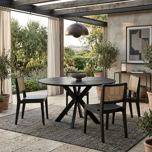 Table à manger ronde en teck massif, base en forme de croix noire mate, mobilier de cuisine moderne minimaliste, table de petit-déjeuner circulaire - Product Image 5