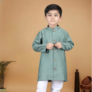 Ensemble kurta vert sarcelle pour garçons, tenue ethnique traditionnelle, vêtements de fête pour enfants, kurta texturée, pyjama blanc, vêtements élégants pour enfants - Product Image 1