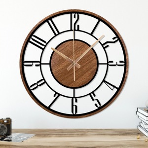 Reloj de pared decorativo de madera y metal, ideal para la zona de comedor y la cocina, aporta un atractivo estético natural y moderno de la India. - Product Image 1