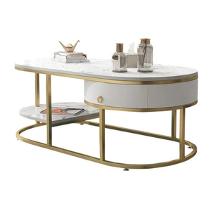 Modern Midcentury Modern Handmade Oval Coffee <b>Table</b> with Marble Top and <b>Gold</b> Metal Frame Storage Drawer Living Room Furniture - Product Image 2