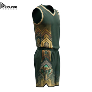 Conjunto de Camiseta y Pantalones Cortos de Baloncesto con Diseño Personalizado OEM, Adornos Decorativos y Estampado de Olas, Uniforme Deportivo Sublimado en Verde Bosque y Dorado - Product Image 3