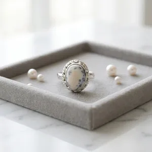 Bague en argent sterling 925 avec pierre précieuse en agate dendritique, style vintage fait main, cabochon ovale, bijoux - Product Image 3