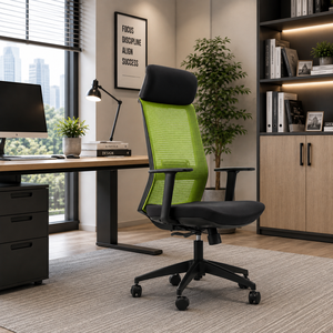 Chaise de bureau ergonomique à dossier haut en maille, avec accoudoirs réglables électriques, base pivotante, appui-tête intégré, design moderne pour le bureau à domicile - Product Image 1