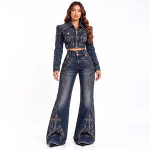 <b>Womens</b> Dark Blue Embroidered Denim Two Piece Set Cropped Jacket Flare <b>Jeans</b> <b>Vintage</b> Luxury Streetwear Wholesale Fashion - Product Image 1