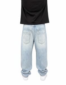 Wholesale Custom Men's Retro Washed Distressed Denim Jeans Streetwear <b>Pants</b> with custom Printed Logo - Product Image 2
