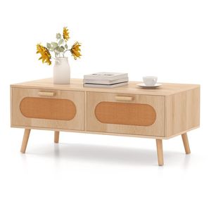 Tavolino da Caffè in Rattan Stile Mid-Century Moderno con 2 Cassetti Portaoggetti, Tavolo Centrale per Soggiorno - Product Image 1
