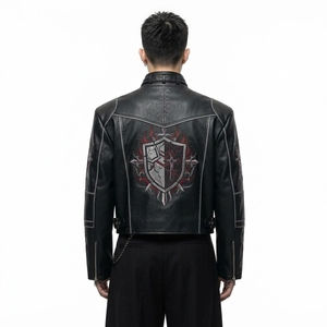 Chaqueta de Motociclista de Cuero con Cuello Alto, Diseño de Escudo Bordado, Detalle de Cadena, Estilo Motero, para Hombre, Otoño - Product Image 2