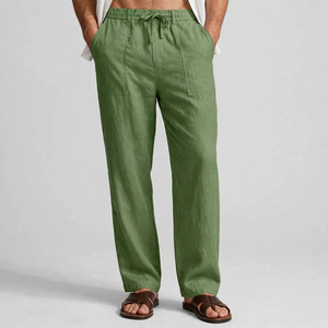 Pantalon décontracté pour homme en coton vert, taille élastique avec cordon de serrage, coupe droite, léger, respirant, poches latérales, idéal pour l'été - Product Image 1