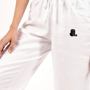 <b>White</b> Women's <b>Harem</b> <b>Pants</b> Mid Waist Drawstring Casual Loose Fit Full Length Cotton Solid Color With Pockets Right Leg Logo - Product Image 5