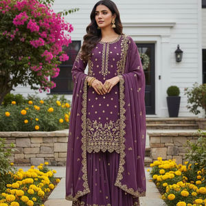 Ensemble haut et pantalon palazzo en faux georgette épais, brodé de sequins, avec manches ajourées et dupatta, tenue de soirée cousue - Product Image 2
