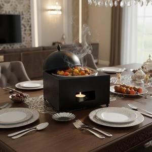 Plat de service élégant carré noir mat avec base à motifs et couvercle rond en dôme, chauffe-plat pour présentation haut de gamme en restauration - Product Image 5