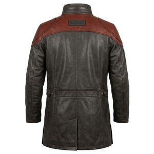 Dark Charcoal Brown <b>Men</b> Genuine <b>Leather</b> Trench <b>Coat</b> Custom Cognac Shoulder Patch Band Collar Front Placket Panel Outerwear - Product Image 2