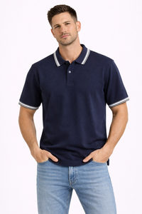 เสื้อยืดโปโลคลาสสิกสีน้ำเงินกรมท่าสำหรับผู้ชายพร้อมแถบแถบสีตัดกันที่คอและปลายแขนเสื้อ – เสื้อผ้าลำลองแขนสั้นผ้าฝ้ายสไตล์กอล์ฟ - Product Image 4