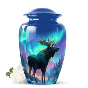 Urna Funeraria para Cenizas Humanas, Diseño Alces y Aurora Boreal, Recuerdo Conmemorativo de la Vida Silvestre, Color Azul - Product Image 1