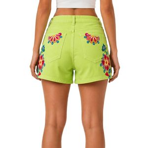 Shorts de Mezclilla con Estampado Floral Verde Lima para Mujer, Cintura Alta, Casuales, de Verano, Personalizados con Bordado, Fabricante OEM de Moda - Product Image 2