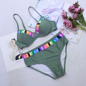 Women's Olive Green Bikini Set With <b>Rainbow</b> Stripe Contrast Binding Underwire Bra And Hipster Bottoms Stretch Spandex Nylon - Product Image 1