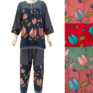 Ensemble short et chemise à manches courtes pour femme, été, en tissu floral non tissé en rayonne, confortable et doux, teint en pièce, avec cordon de serrage, motif cerise - Product Image 1