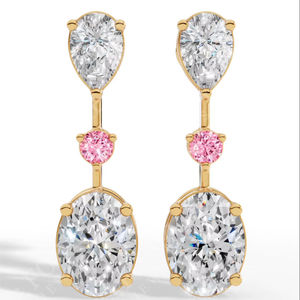 ต่างหูทรงหยดน้ำแบบคู่ประดับเพชรทรงลูกแพร์และทรงรีสีชมพู เพชรเลี้ยงในห้องปฏิบัติการ ชุบเงิน เครื่องประดับหรูหรา - Product Image 5