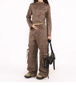 Women <b>High</b> <b>Waist</b> <b>Cargo</b> Pants PU Material Loose Fit Full Length Solid Color Utility Style Autumn Wear With Pockets - Product Image 2