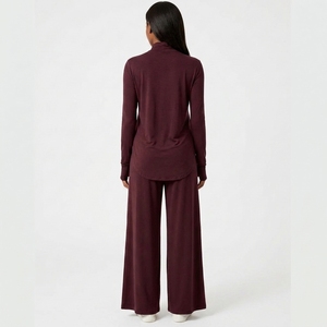Custom Thumbhole High Neck Brushed Warm Stretch Winter <b>Modest</b> <b>Loungewear</b> Top Wide Leg Set Factory Wholesale - Product Image 2
