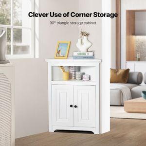 "2-Door Freestanding Wooden <b>Corner</b> Kitchen <b>Storage</b> Cabinet 3-Tier 32" Adjustable Shelves" - Product Image 2