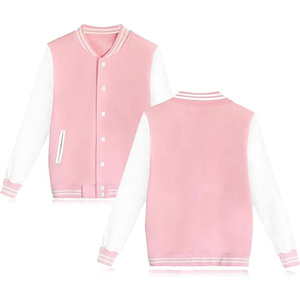 Pink Varsity <b>Jacket</b> With <b>White</b> Sleeves Turn-down Collar Button Closure Preppy Style Autumn Wear Unisex Regular Fit - Product Image 1
