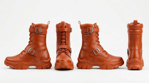 รองเท้าบูทมอเตอร์ไซค์หนังสีพื้นแบบกำหนดเอง รองเท้าบูทข้อเท้าสไตล์สั่งทำ สายรัดหัวเข็มขัด แบบผูกเชือก รองเท้าขี่มอเตอร์ไซค์กลางแจ้งเพื่อความปลอดภัย - Product Image 3