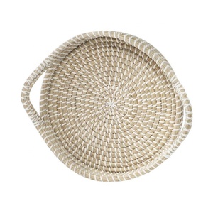 Decorative Hand Woven Seagrass <b>Round</b> <b>Serving</b> <b>Trays</b> with Handles Wholesales <b>Serving</b> Decor <b>Trays</b> for Home - Product Image 1