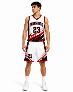 Camiseta y pantalones cortos de baloncesto Trendy Squad con gráficos abstractos de trazos de pincel en rojo, negro y blanco, perfectos para ropa deportiva de equipo - Product Image 4