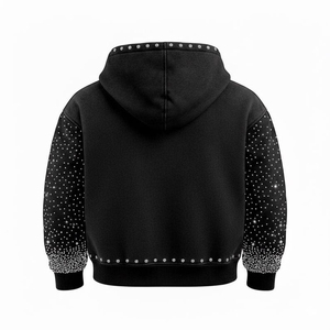 <b>Women's</b> Zip Up Hoodie Acid Wash <b>Black</b> <b>Fleece</b> Sweatshirt Rhinestone Studded Dot Pattern Pullover - Product Image 2