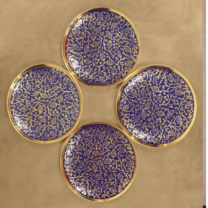 Set of four round brass coasters featuring traditional <b>painted</b> lotus floral artwork, available at wholesale prices. - Product Image 4
