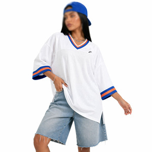 Camiseta de fútbol americano extragrande para mujer, cuello en V, manga larga de malla, corte holgado, uniforme de equipo personalizado OEM - Product Image 2