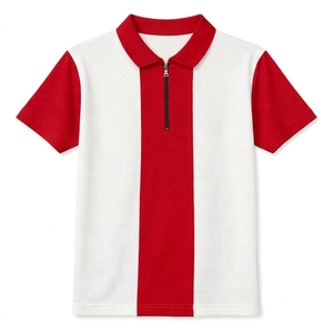 Factory Price Men's Zipper Front Design Short Sleeve Knitted Terry Fabric Polyester Breathable Formal Style for Shirt White red - Product Image 4