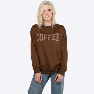 Women <b>Coffee</b> <b>Print</b> Crew Neck Sweatshirt Regular Fit Long Sleeve Brown Cotton Autumn Wear - Product Image 3