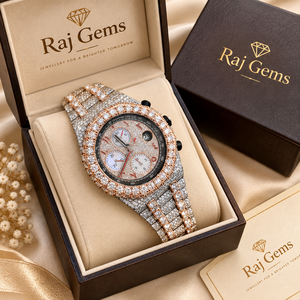 นาฬิกาข้อมือผู้ชาย Raj Gems รุ่นโรสโกลด์ ตัวเรือนสแตนเลสสตีล ขนาด 41 มม. หน้าปัดทาคีมิเตอร์ 20 มม. ประดับเพชร พร้อมฟังก์ชั่นโครโนกราฟ ดีไซน์หรูหรา - Product Image 5
