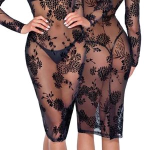 Vestido ajustado de malla floral negro para mujer, manga larga, cuello alto, transparente, para fiesta, sexy y a la moda - Product Image 3