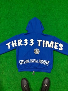 Chándal de felpa 100% algodón con bordado desgastado y cremallera personalizada, sudadera holgada con puños y capucha con cremallera para hombre - Product Image 5