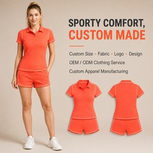Women's <b>Orange</b> <b>Polo</b> 2 Piece Set Short Sleeve Knitted Sport Casual Breathable Slim Fit Above Knee Shorts Outfit - Product Image 1