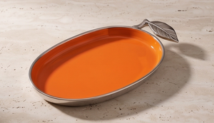 Plateau de service ovale en métal émaillé orange fait main avec poignée en argent en forme de feuille, décoratif pour salon, table basse, coiffeuse, plateau à boissons - Product Image 4