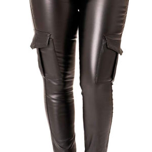 Pantalon cargo noir en PU pour femme, taille haute, coupe skinny, extensible, devant plat, style moto, longueur intégrale avec poches - Product Image 4