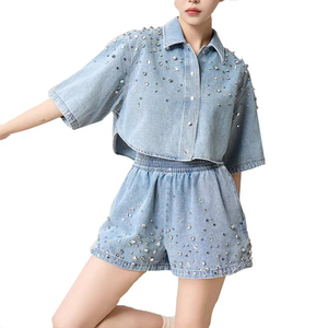 Ensemble deux pièces décontracté streetwear avec logo personnalisé, jupe en jean pour femme - Product Image 1