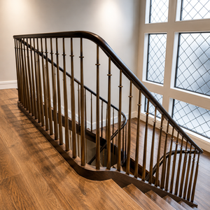 Bronze Wood Stair <b>Railing</b> With Slim Vertical Balusters Curved Indoor Handrail For Modern Home Staircase Design - Product Image 3