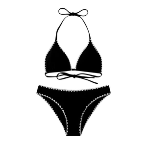 Women's Two Piece Bikini Set Halter Neckline Solid Color Contrast Binding Stretch Swimwear Lace Trim Hipster Bottoms Front <b>Tummy</b> - Product Image 5
