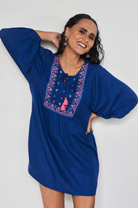 Premium Quality Floral <b>Women's</b> Blue Loose <b>Tunic</b> <b>Dress</b> Crew Neck Lantern Sleeve Solid Casual Mini Summer <b>Dress</b> - Product Image 6