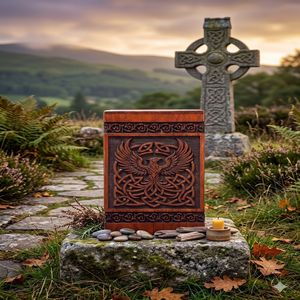 Handcrafted Wooden Cremation Urn Brown Rectangular Memorial <b>Keepsake</b> <b>Box</b> Engraved Phoenix Design for Adult Commemoration - Product Image 6
