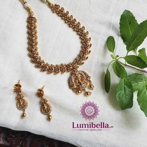 One Gram Gold Temple Necklace Set-Bridal Fine Jewelry with Zircon Stone Gold Plated - Product Image 1