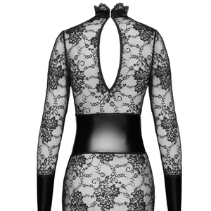 Vestido Mini Ajustado de Encaje Negro con Cuello Alto, Manga Larga, Espalda Descubierta, Estampado Floral, Sexy, para Fiestas, Todas las Temporadas - Product Image 4
